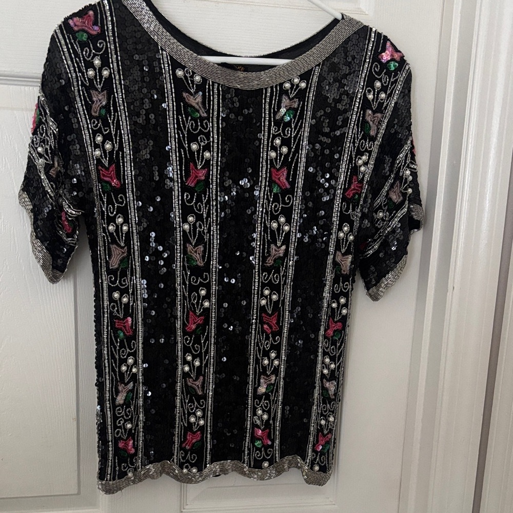 Sequined Black Floral Stripe Short Sleeve Top